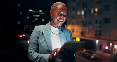 Buy stock photo Tablet, rooftop and black woman in city at night with email communication for finance report. Laugh, technology and African financial analyst with online trading investment for deadline in town.