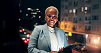 Tablet, night and portrait black woman in city with email communication for finance report. Rooftop, technology and African financial analyst with online trading investment on building in town.