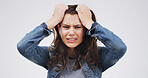 Sad, student and woman with frustration, portrait and unhappy with mistake on exam or mental health. Depressed, studio and person with emotion for test results, white background or stress for college