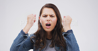 Buy stock photo Portrait, angry and woman in studio, screaming and frustrated with stress on white background. Mockup space, reaction and person with emotions, mad and shouting with trauma, upset and conflict