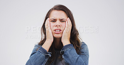 Buy stock photo Mental health, student and woman with frustration, portrait and unhappy with mistake on exam or sad. Depressed, studio and person with emotion for test results, white background or stress for college