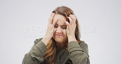 Buy stock photo Frustrated, sad and face of woman in studio with reaction, emotional and upset for bad news. Mockup space, white background and isolated person with disappointed, thinking and worried for mistake