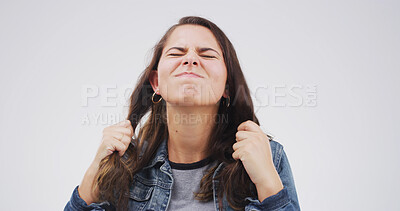 Buy stock photo Angry, student or woman with frustration, studio and thinking of mistake on exam and mental health. Mad, academic and person with emotions for test results, white background or stress for scholarship