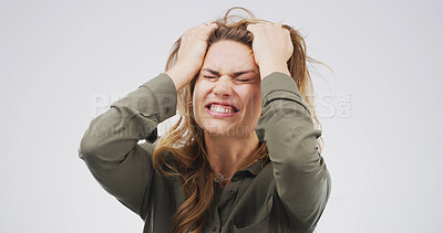 Buy stock photo Woman, frustrated and scared with stress, crisis and isolated on white background with anxiety. Depression, psychology and burnout with angry female person in studio for mental health and rage