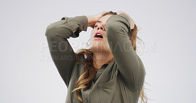 Buy stock photo Mistake, reaction and regret with woman on studio space for crisis, exam fail or test error. Bad news, disaster and education drama with college or university student isolated on white background