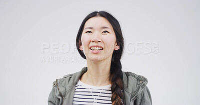 Buy stock photo Confused, face and woman in studio with thinking, why or decision on white background space. Questions, suspicious and model with choice emoji, brainstorming and frustrated with problem solving