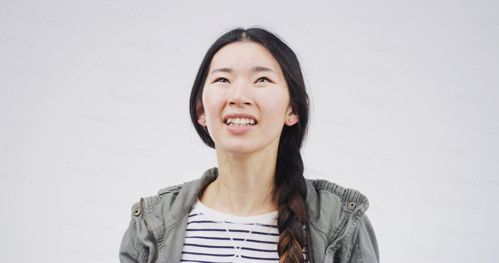 Buy stock photo Confused, face and woman in studio with thinking, why or decision on white background space. Questions, suspicious and model with choice emoji, brainstorming and frustrated with problem solving