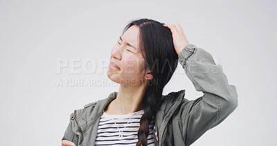 Buy stock photo Crying, sad and face of Asian woman in studio with reaction, emotional and upset for bad news. Mockup space, white background and isolated person with disappointed, frustrated and worry for mistake