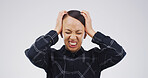 Scream, frustrated and woman in studio with mistake, problem and anger on white background. Mockup space, burnout and isolated angry person shouting for stress, mental health and emotional crisis