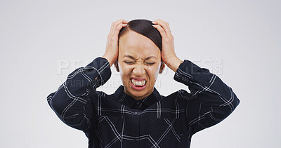 Buy stock photo Scream, frustrated and woman in studio with mistake, upset and anger on white background. Mockup space, burnout and isolated angry person shouting for stress, mental health and emotional crisis