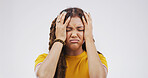 Stress, woman and frustrated with regret in studio for bad decision, disappointment and shame. Mockup, overwhelmed and person with reaction to overthinking, rejection and anxiety on white background