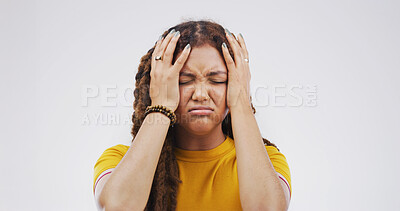 Buy stock photo Stress, woman and frustrated with regret in studio for bad decision, disappointment and shame. Mockup, overwhelmed and person with reaction to overthinking, rejection and anxiety on white background