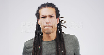 Buy stock photo Portrait, angry and man in studio, upset and censorship with stress on white background. Mockup space, reaction and person with emotions, frustrated and anxiety with privacy, forbidden and silence