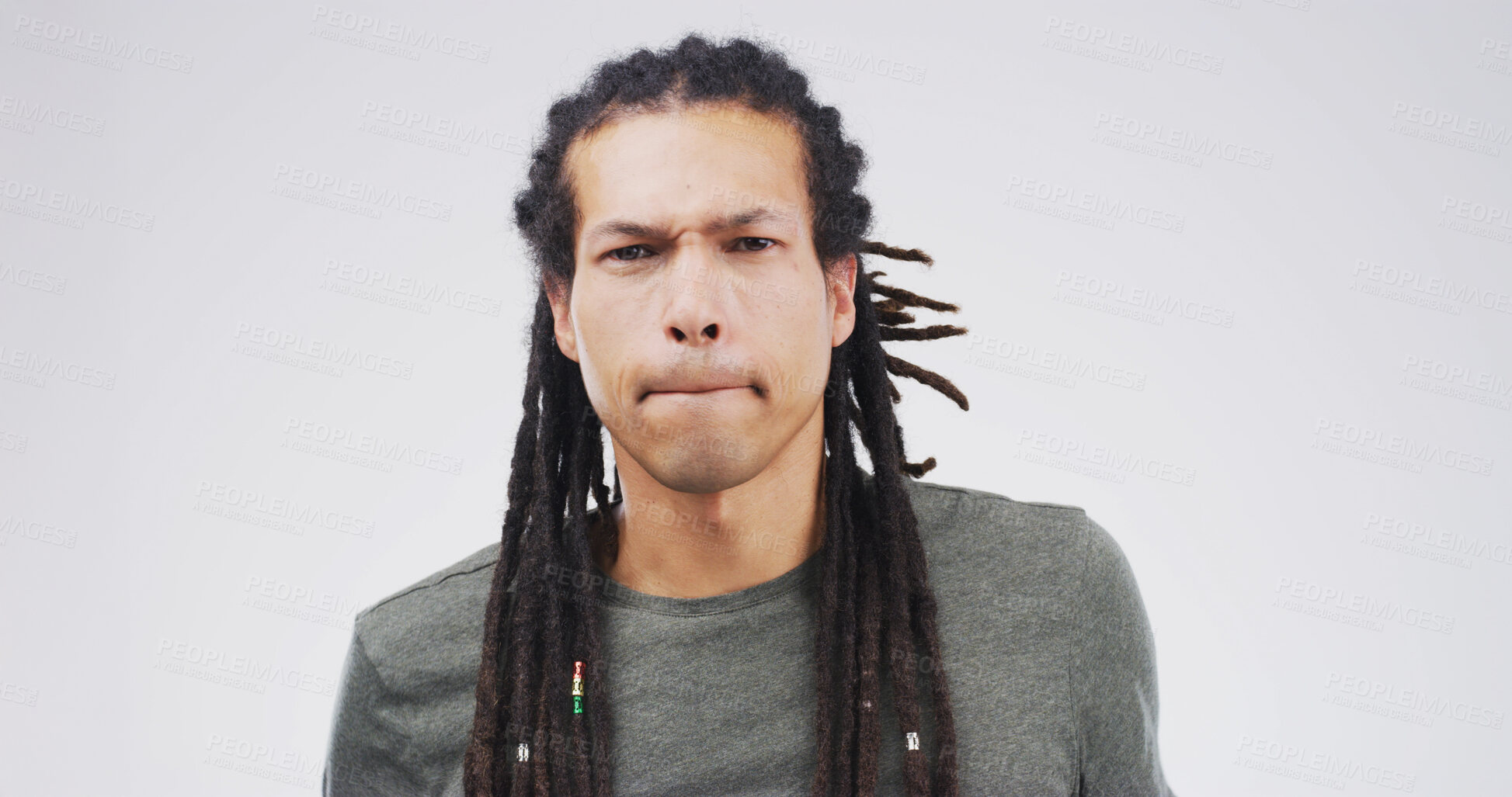 Buy stock photo Portrait, angry and man in studio, upset and censorship with stress on white background. Mockup space, reaction and person with emotions, frustrated and anxiety with privacy, forbidden and silence