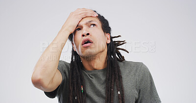 Buy stock photo Drama, mistake and reaction with man on studio space for disaster, exam fail or test error. Bad news, crisis and education stress with college or university student isolated on white background