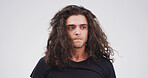 Man, upset and thinking with bad news in studio for mental health or struggle on a white background. Disappointed, male person or hipster model with emotion or expression of disbelief on mockup space