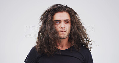 Buy stock photo Man, upset and thinking with bad news in studio for secret fear or mistake on a white background. Disappointed, male person or hipster model with emotion or expression of disbelief on mockup space