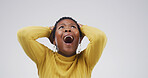 Scream, frustrated and black woman in studio with anger, problem and mistake on white background. Mockup space, emotions and isolated angry person with shouting for stress, mental health and crisis