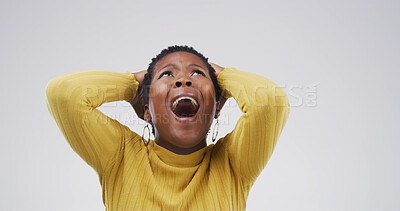 Buy stock photo Scream, frustrated and black woman in studio with anger, regret and mistake on white background. Mockup space, emotional and isolated angry person shouting for stress, mental health and crisis