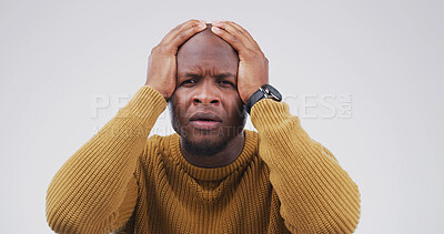 Buy stock photo Portrait, man and stress for mistake in studio with anxiety, financial loss and overwhelmed. Mockup, unhappy and black person with worry for bankruptcy, loan rejection and problem on white background