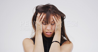 Buy stock photo Sad, student and woman with depression, studio and thinking of mistake on exam and white background. Frustrated, pupil or person with stress for loss of scholarship, emotion or disappointed with test