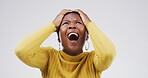 Scream, angry and black woman in studio with pain for mistake, crisis and problem on white background. Mockup space, emotional and isolated person shouting with stress, mental health and anger