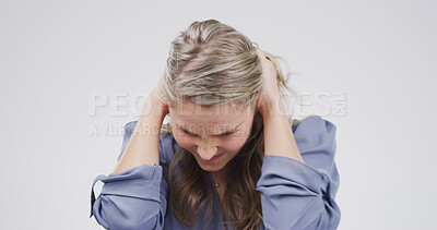 Buy stock photo Crying, frustrated and woman in studio with emotions, reaction and upset for bad news. Mockup space, white background and isolated person with disappointed, failure and worry for mistake or crisis