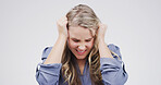 Upset, frustrated and woman in studio with scream for debt, finance problem and mistake on white background. Mockup space, emotional and isolated person shouting for stress, financial risk and crisis