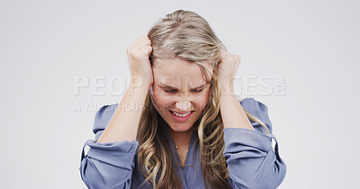 Buy stock photo Upset, frustrated and woman in studio with scream for debt, finance problem and mistake on white background. Mockup space, emotional and isolated person shouting for stress, financial risk and crisis