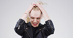 Mad, woman and frustrated for mistake in studio with regret, debt crisis or mental health fatigue. Mockup, overwhelmed and person with anxiety for financial disaster or bankruptcy on white background