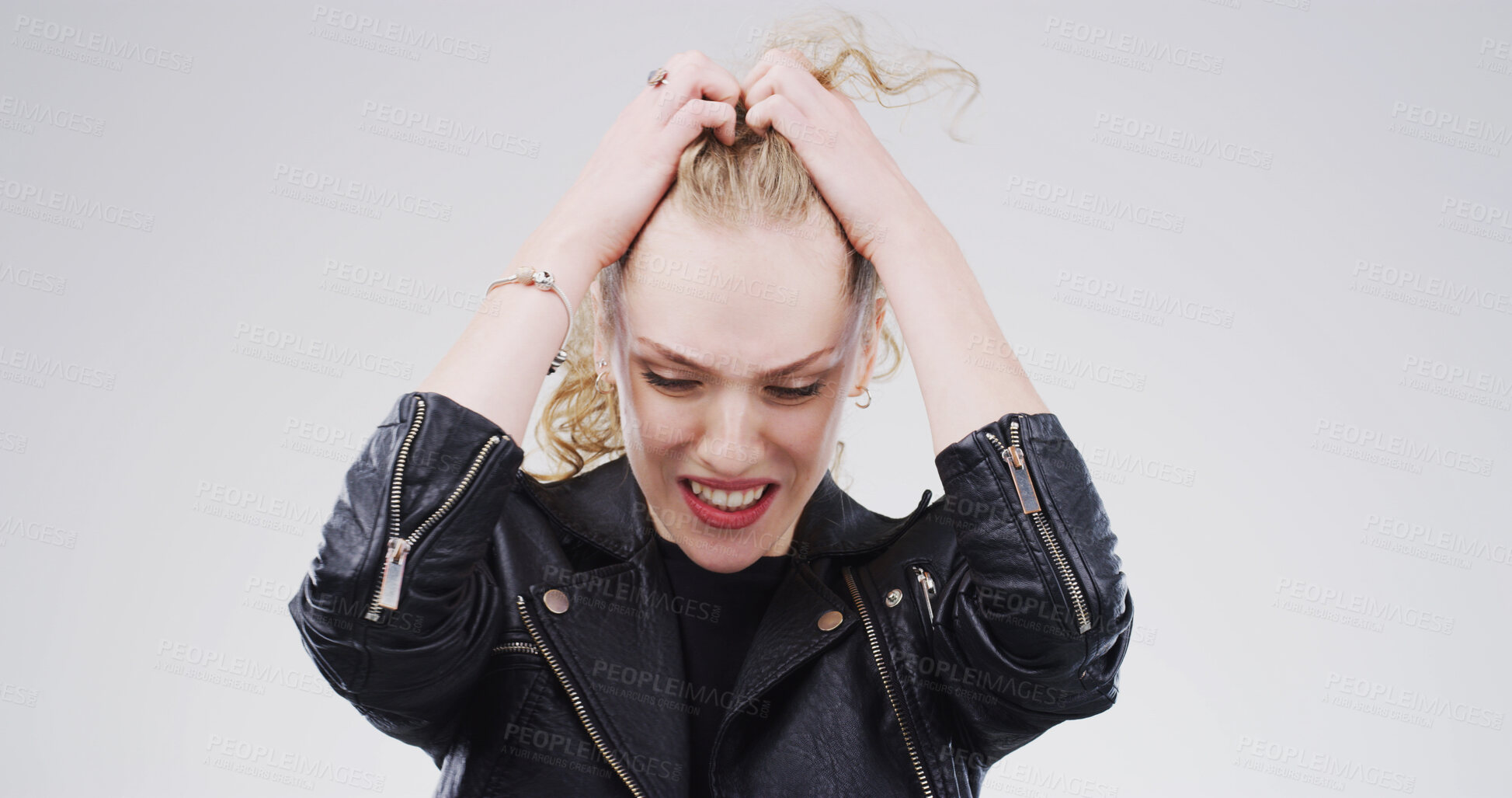 Buy stock photo Mad, woman and frustrated for mistake in studio with regret, debt crisis or mental health fatigue. Mockup, overwhelmed and person with anxiety for financial disaster or bankruptcy on white background
