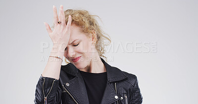 Buy stock photo Headache, stress and woman in studio, pain and mental health on white background. Mockup space, discomfort and person with migraine, brain fog and burnout with anxiety, frustrated and fatigue