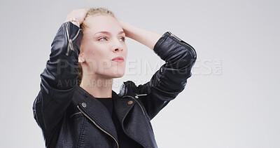 Buy stock photo Angry, student and woman with frustration, mental health and thinking of mistake on exam and studio. Mad, pupil and person with emotions for test results, white background and stress for scholarship