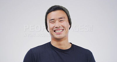 Buy stock photo Portrait, confident and man with smile, studio and positive attitude for scholarship or opportunity. Happy, student and person with pride for knowledge, white background or education in university