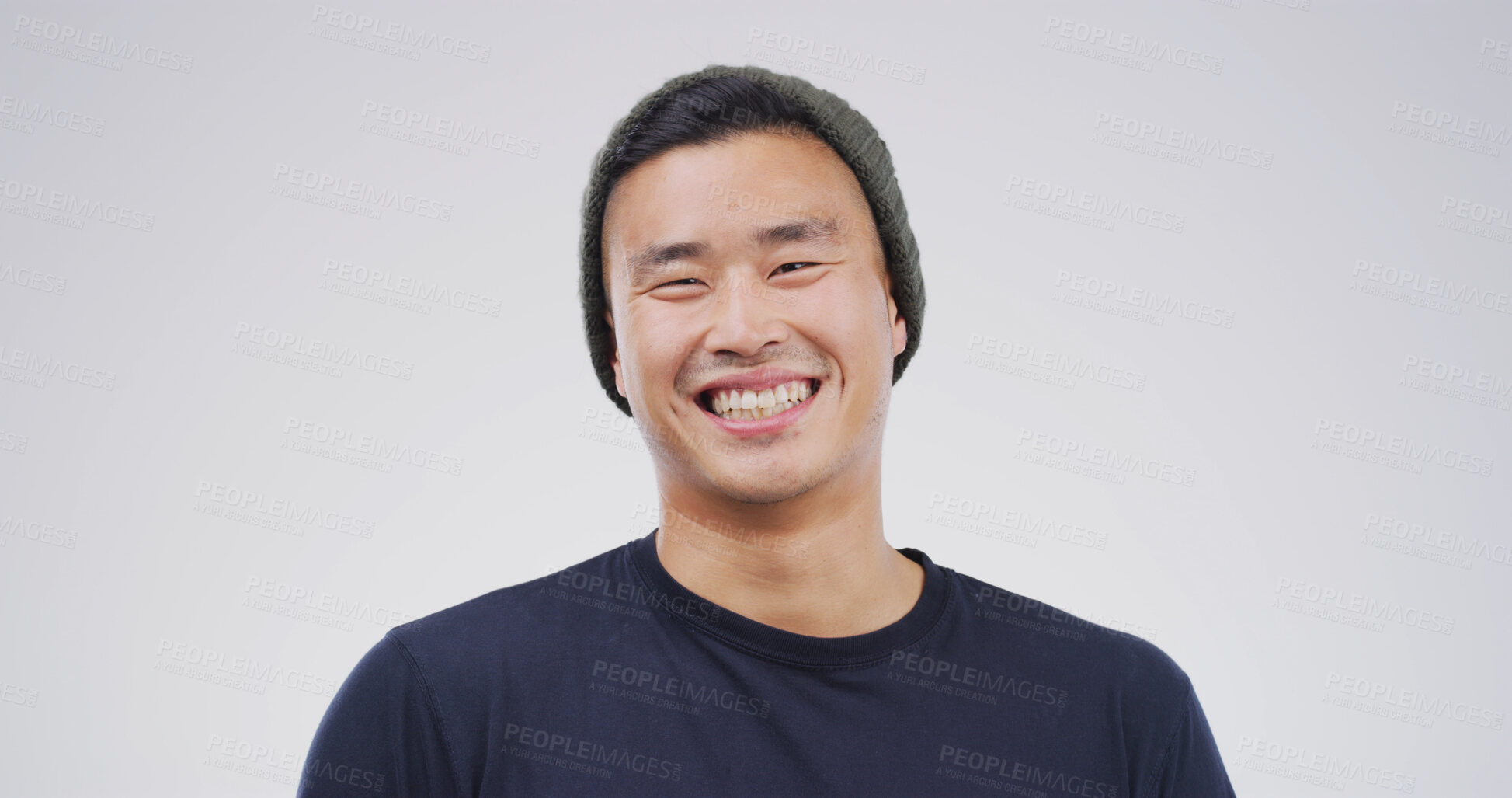 Buy stock photo Portrait, confident and man with smile, studio and positive attitude for scholarship or opportunity. Happy, student and person with pride for knowledge, white background or education in university
