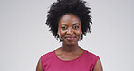 Portrait, creative and black woman with afro in studio for career, about us or journalism ambition. Happy, African person or face of story writer with smile or article publication on white background
