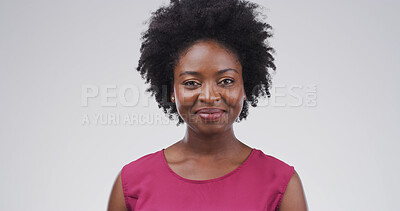 Buy stock photo Portrait, creative and black woman with afro in studio for career, about us or journalism ambition. Happy, African person or face of story writer with smile or article publication on white background