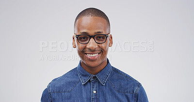 Buy stock photo Portrait, happy black man and student in studio for education, learning or university development. Glasses, college academic and African person with scholarship on white background space in Tanzania