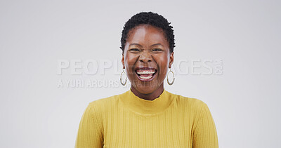 Buy stock photo Laughing, woman and excited for opportunity, studio or journalist with pride for career development. White background, reporter and black person with smile for story, portrait and creative in Nigeria