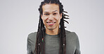 Happy, creative and man with portrait in studio for career pride, about us and journalist ambition. Male person, dreadlocks and report news, story writer and article publication on white background