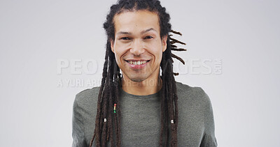 Buy stock photo Happy, creative and man with portrait in studio for career pride, about us and journalist ambition. Male person, dreadlocks and report news, story writer and article publication on white background