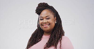 Buy stock photo Studio, creative and woman with smile, portrait and reporter with confidence for story or ambitious. White background, journalist and black person with pride for opportunity, happy and career growth