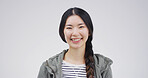 Portrait, confident and woman with smile, studio and positive attitude for education or opportunity. Happy, student and person with pride for knowledge, white background or scholarship for university
