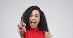 Portrait, pointing to you and woman in studio, smile and selection on white background. Face, hand gesture and person with happiness, decision and encouragement with choice, emoji and confidence
