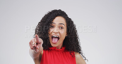 Buy stock photo Portrait, pointing to you and woman in studio, smile and selection on white background. Face, hand gesture and person with happiness, decision and encouragement with choice, emoji and confidence
