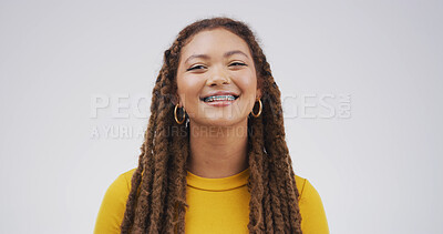 Buy stock photo Smile, student and woman with pride, studio and happy for scholarship and opportunity in university. White background, pupil and person with determination for education, course or studies in Brazil