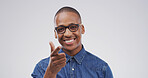 Pointing, you and portrait of black man in studio for encourage, choice and decision for winner. Happy, mockup space and person with finger, gesture and smile for selection on white background