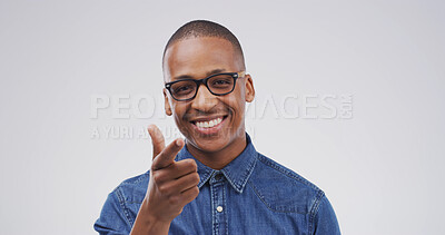 Buy stock photo Pointing, you and portrait of black man in studio for encourage, choice and decision for winner. Glasses, mockup space and person with finger, gesture and smile for selection on white background