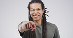 Portrait, pointing to you and man in studio, selection and encouragement on white background. Mockup space, gesture and person with motivation, smile or choice with support, confidence or invitation