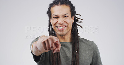 Buy stock photo Portrait, pointing to you and man in studio, selection and encouragement on white background. Mockup space, gesture and person with motivation, smile or choice with support, confidence or invitation